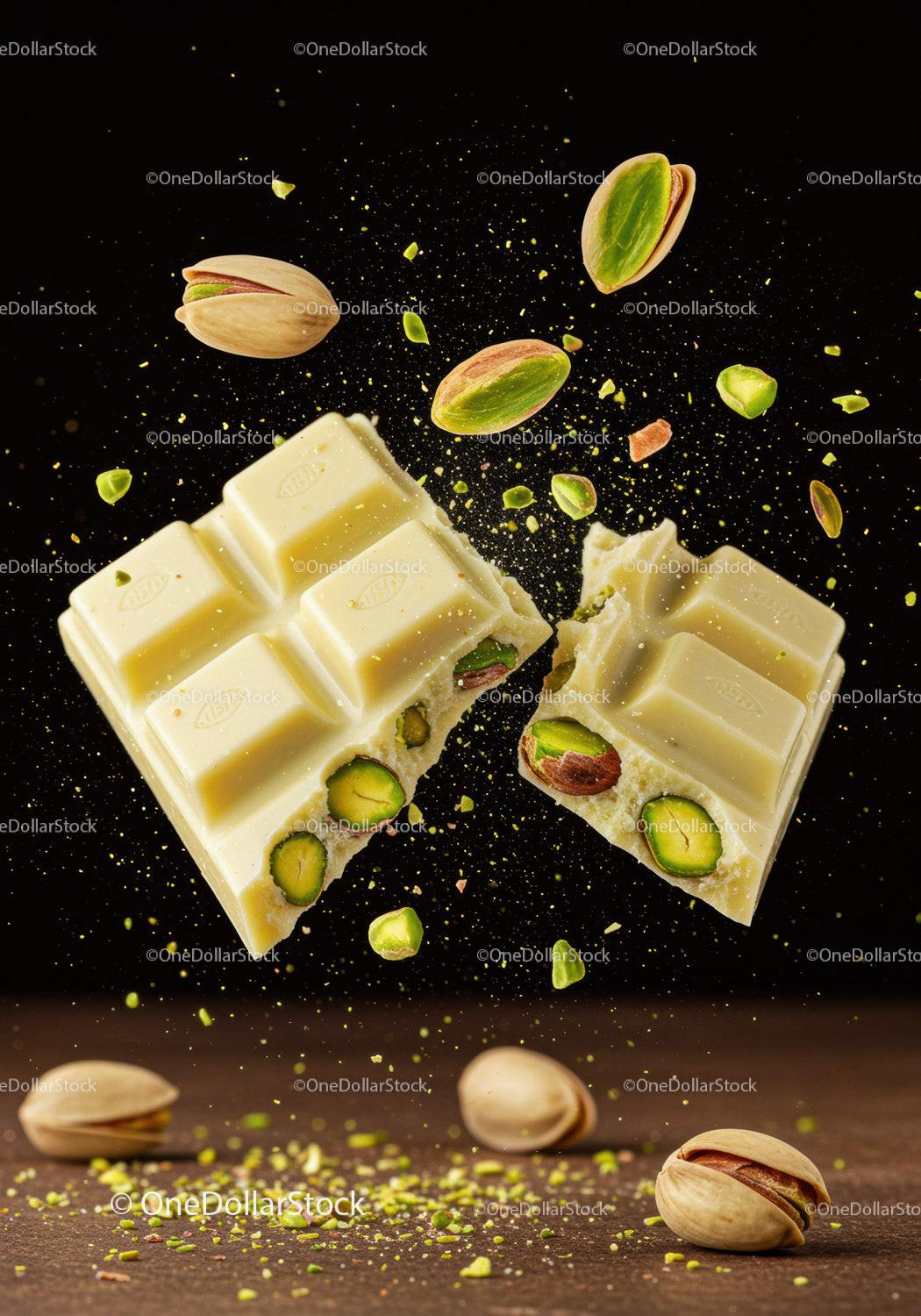 Broken white chocolate bar with whole pistachios explosion