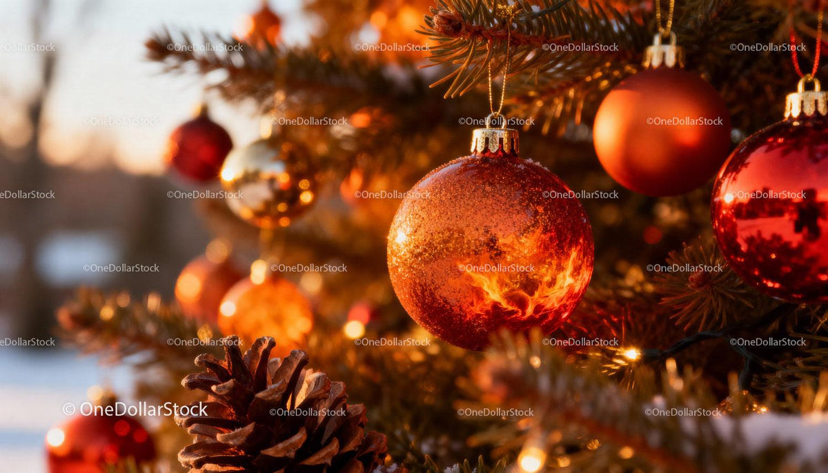 Golden Hour Glow on Festive Christmas Tree Ornaments