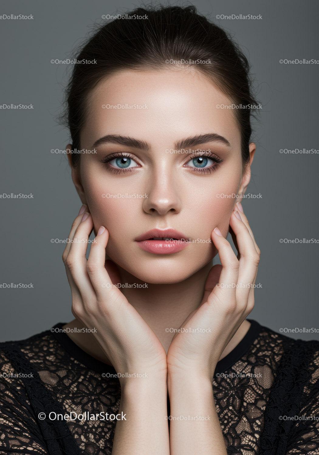 Elegant Portrait of a Woman with Blue Eyes and Flawless Skin