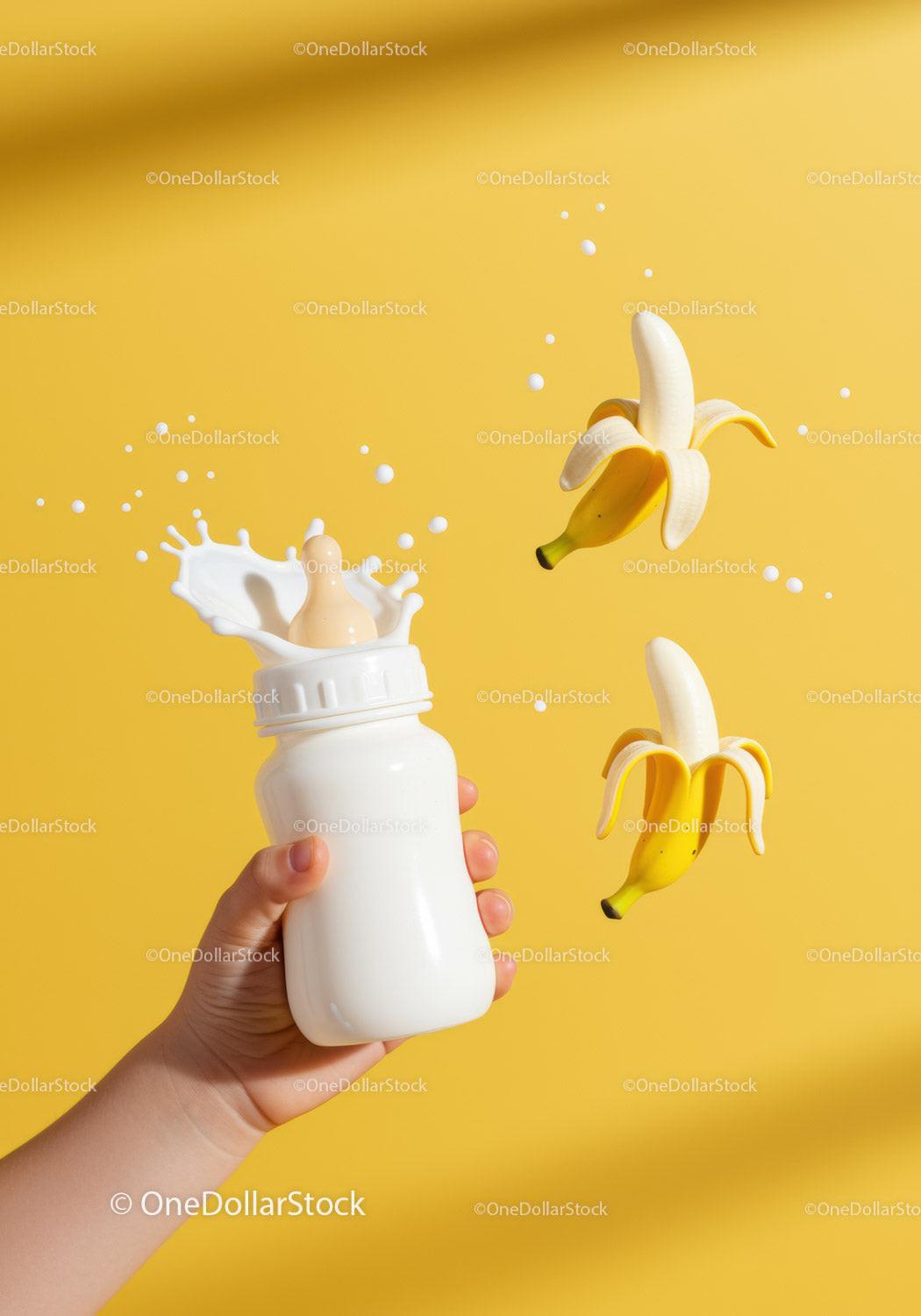 Baby bottle with splash and peeled bananas on yellow background
