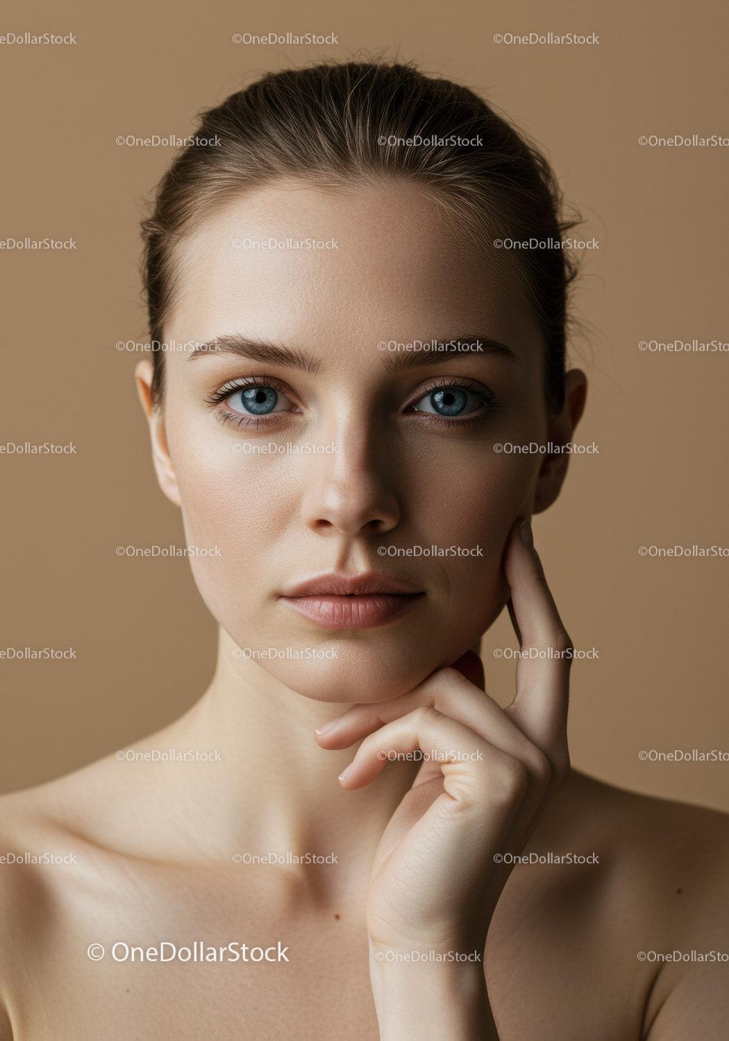 Close-Up Portrait of a Young Woman with Blue Eyes and Flawless Skin