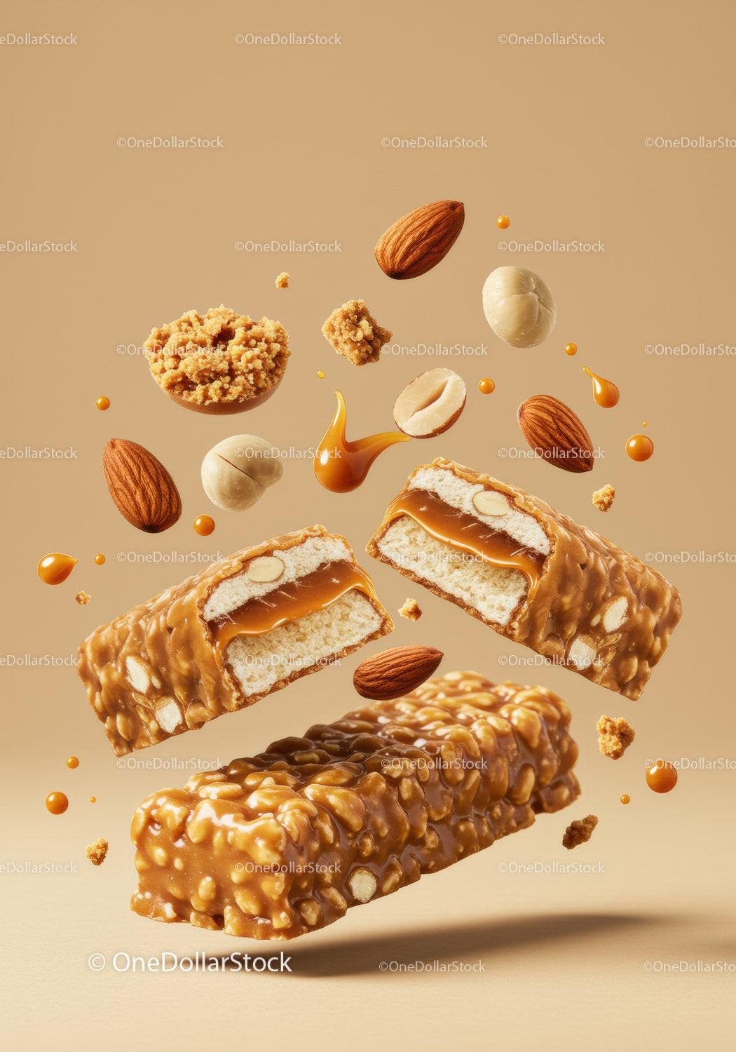 Caramel nut bars with almonds and honeycomb pieces