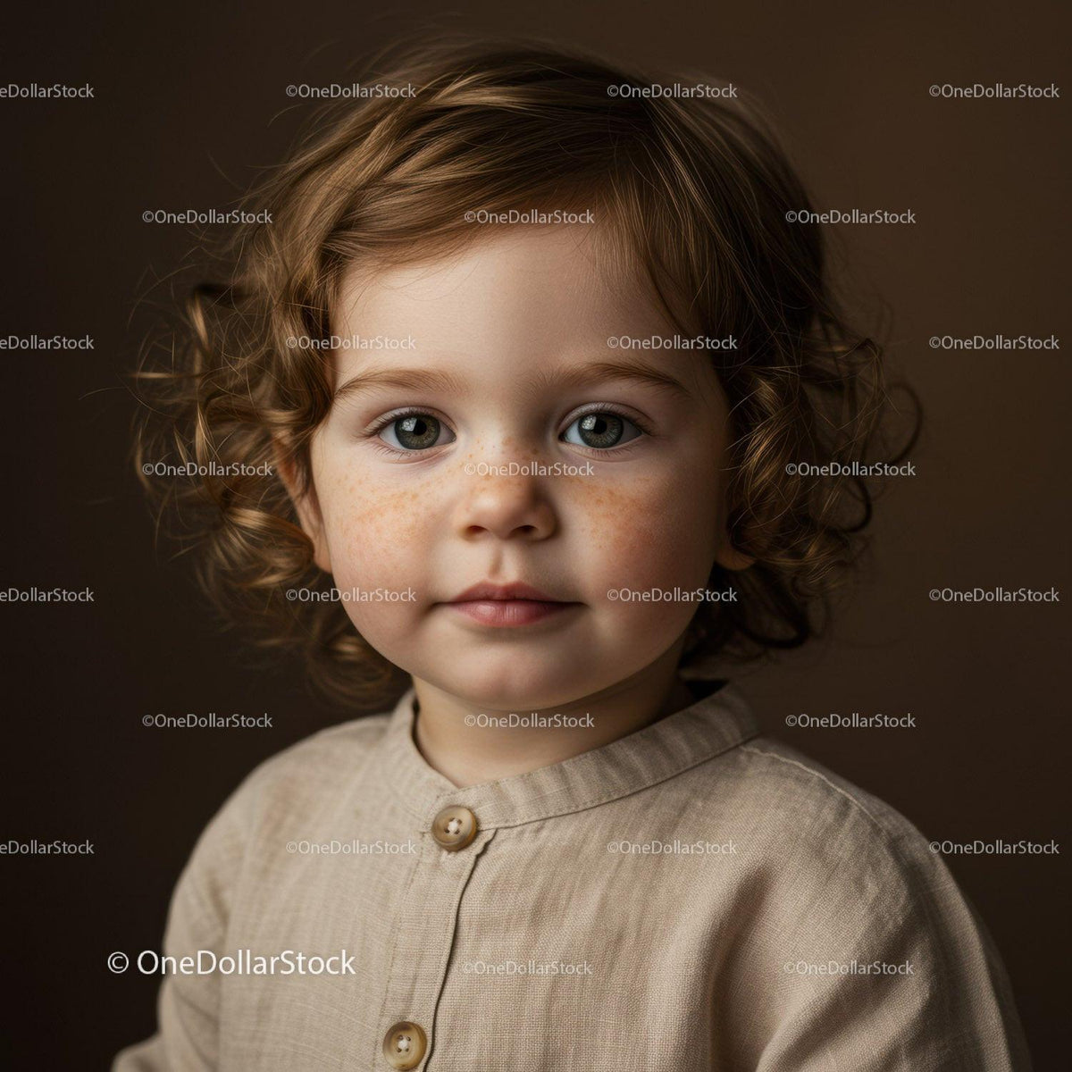 Portrait of toddler with curly hair and freckles