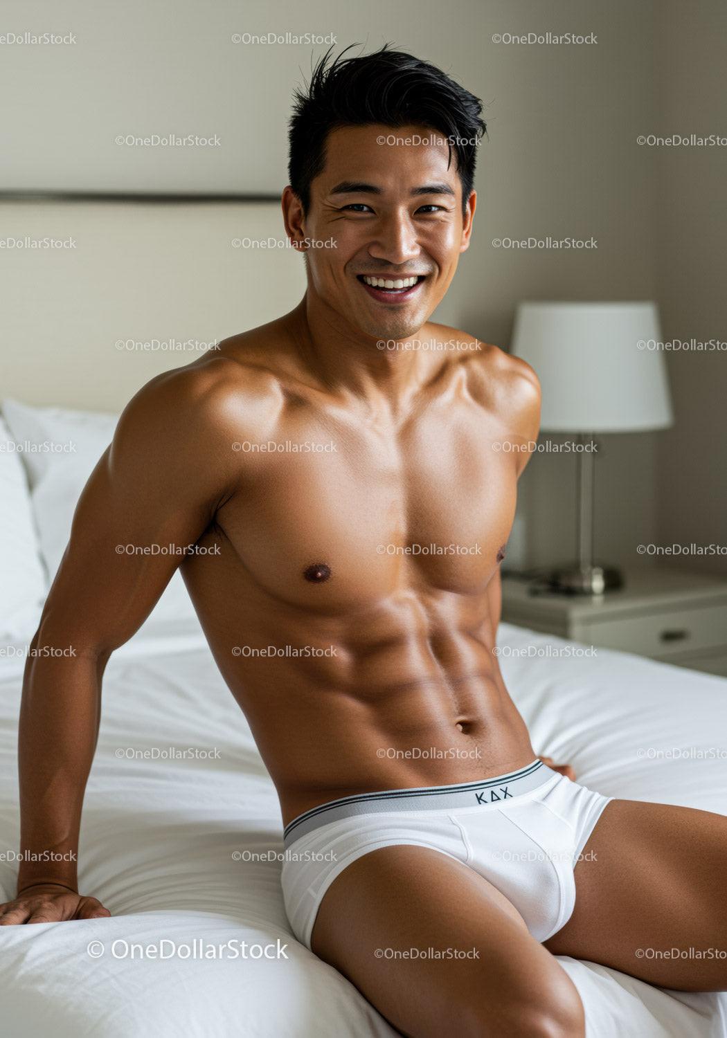 Smiling muscular man sitting on bed in white briefs