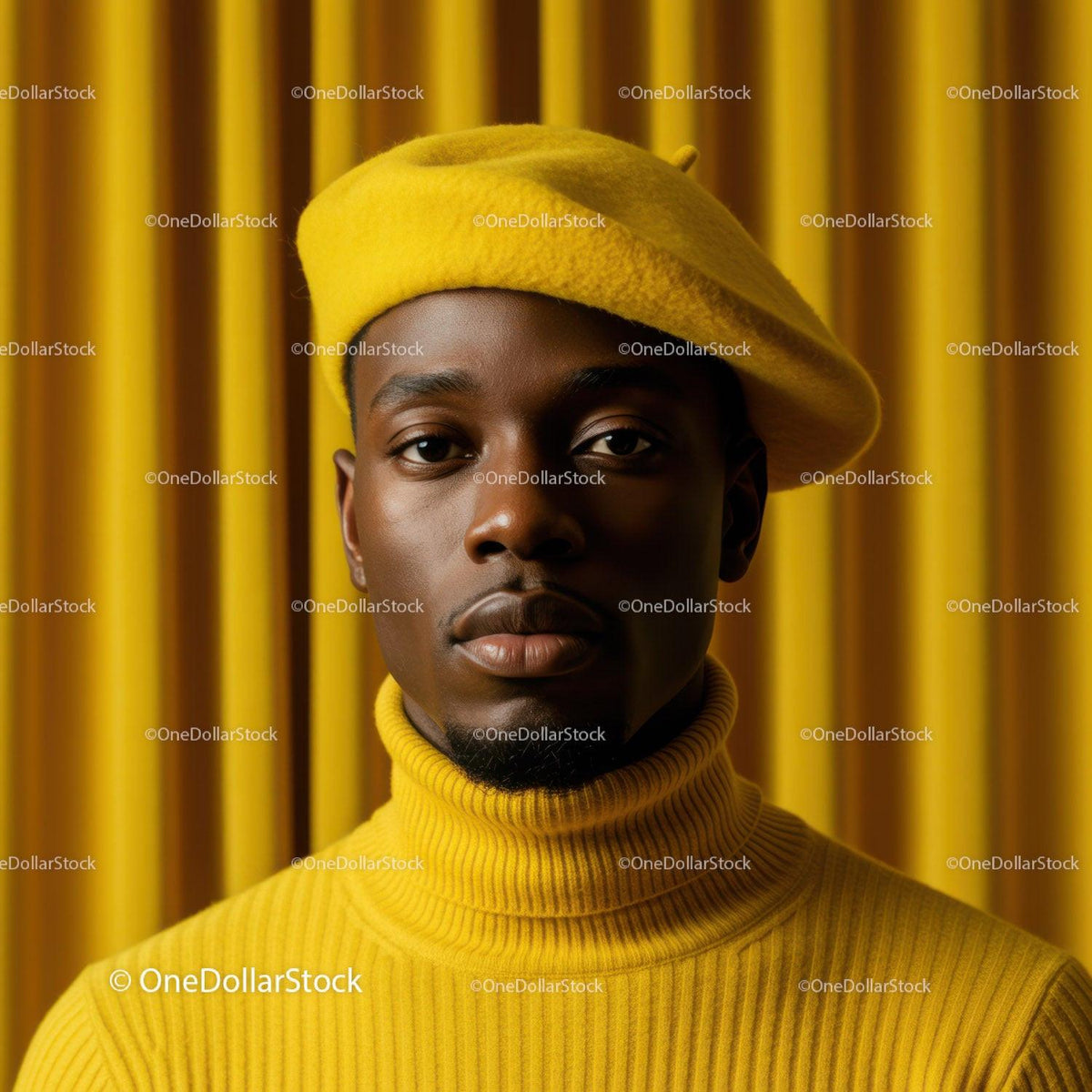 Confident man in mustard yellow beret and turtleneck