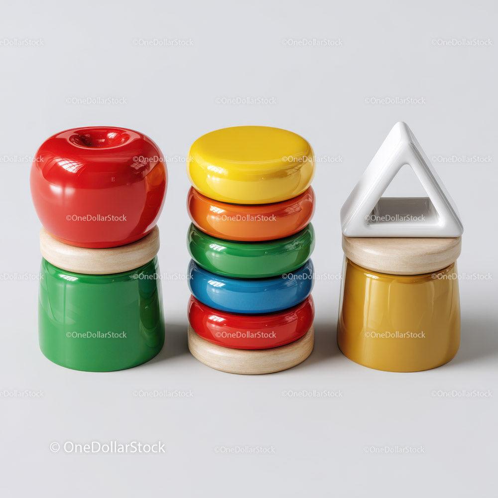 Colorful wooden stacking blocks with round and triangular shapes arranged in three towers