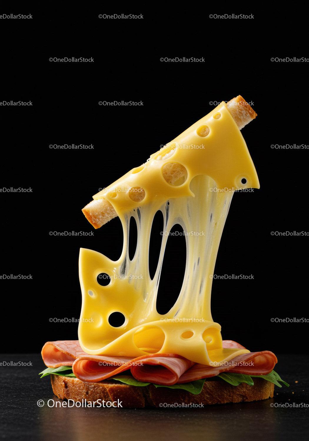 Melting Swiss cheese stretching above ham sandwich