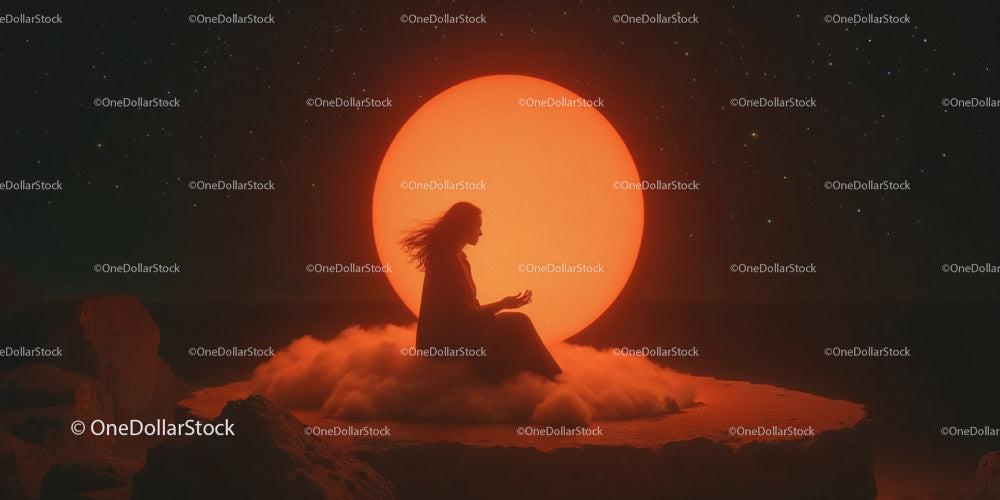 Silhouette of a person meditating on glowing cloud with large orange moon behind