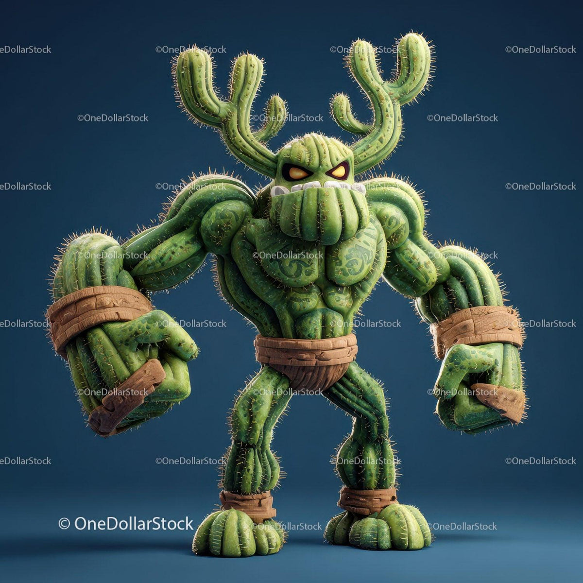 Muscular humanoid cactus creature with spikes and brown bands on dark blue background