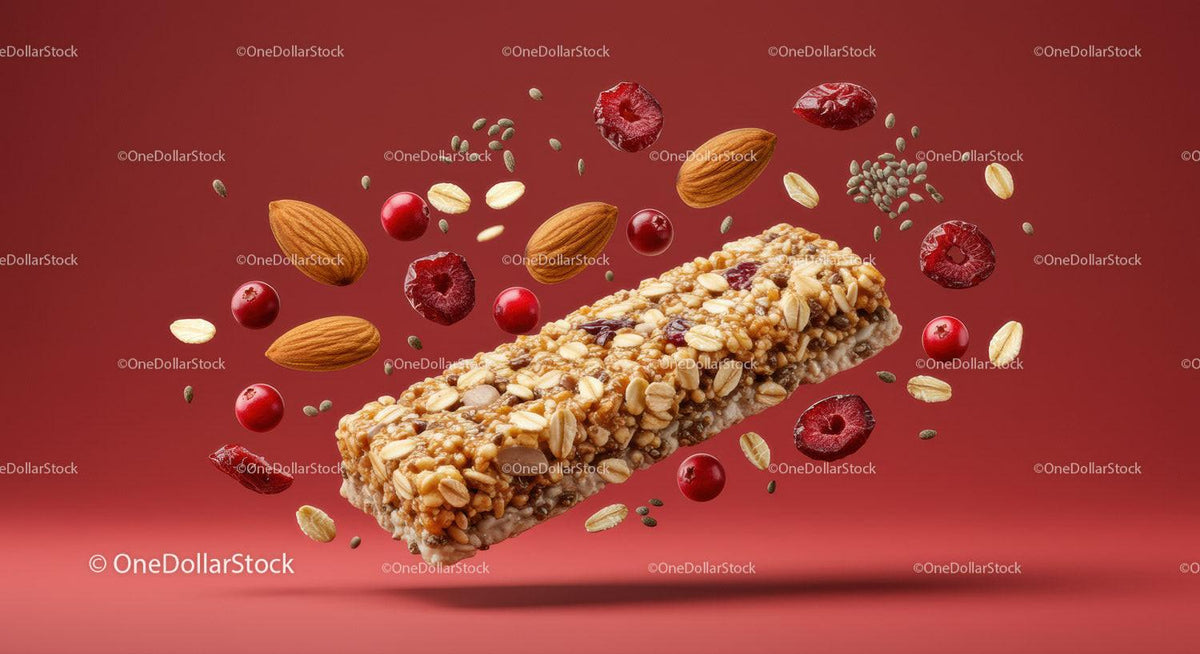 Nutty granola bar with cranberries and seeds floating