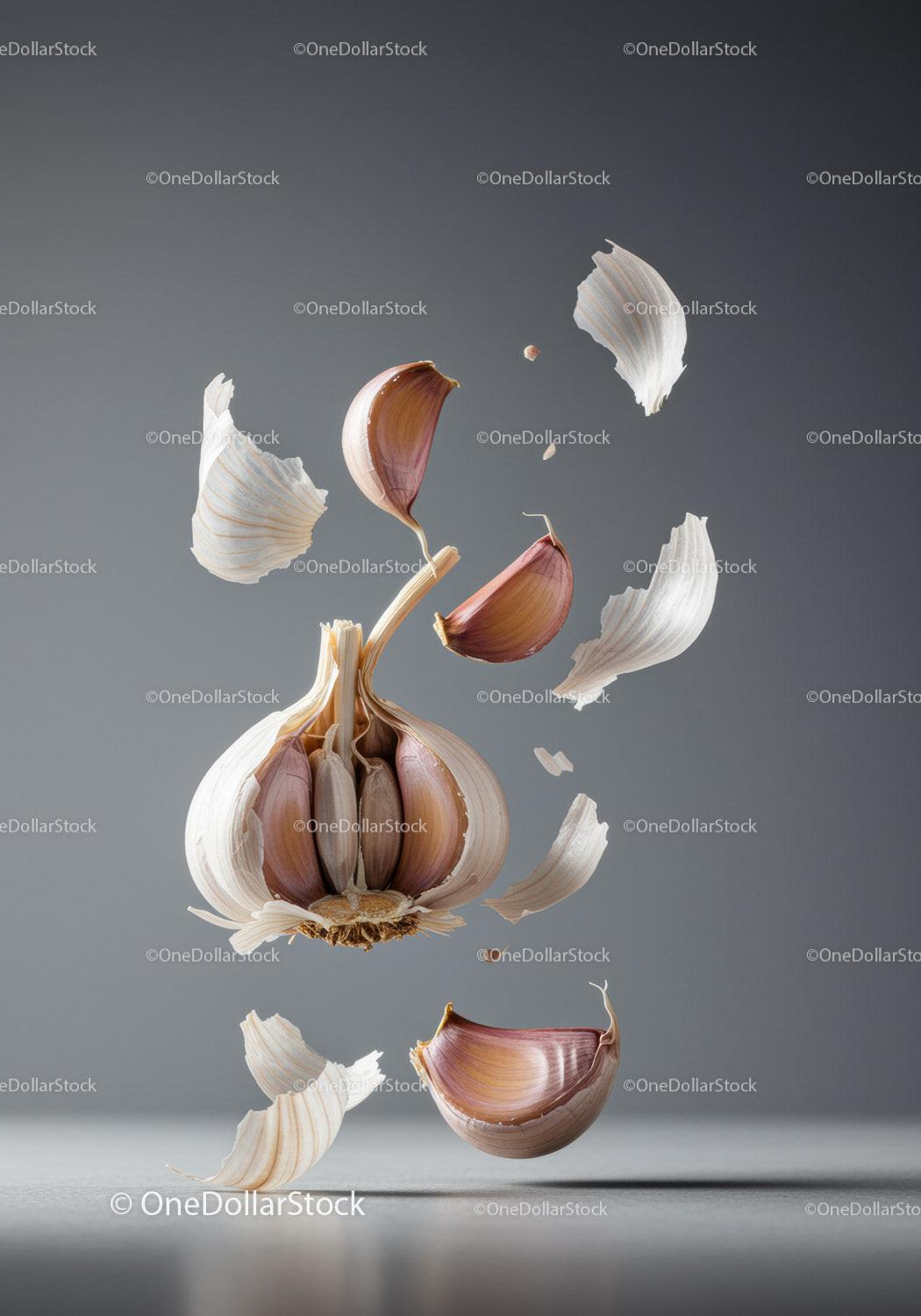 Floating Garlic Cloves and Peels in Midair Composition