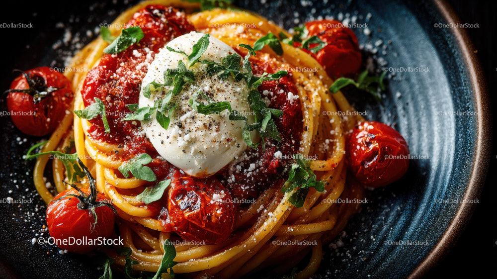Creamy Fettuccine Pasta with Cherry Tomatoes and Basil Stock Photo Bundle preview 14