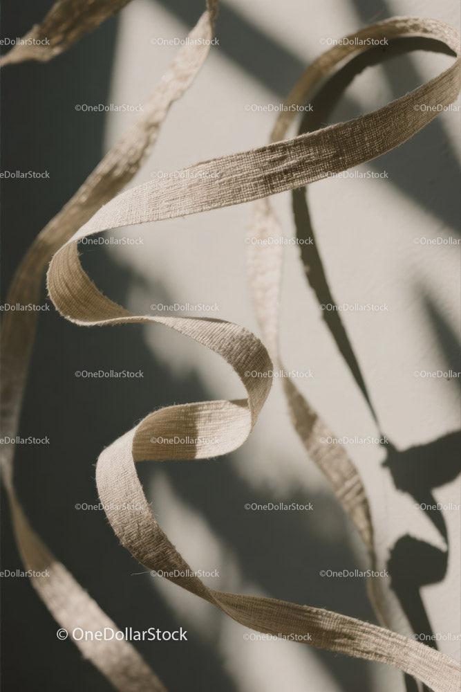 Close-up of Beige Fabric Ribbon with Curled Design and Texture