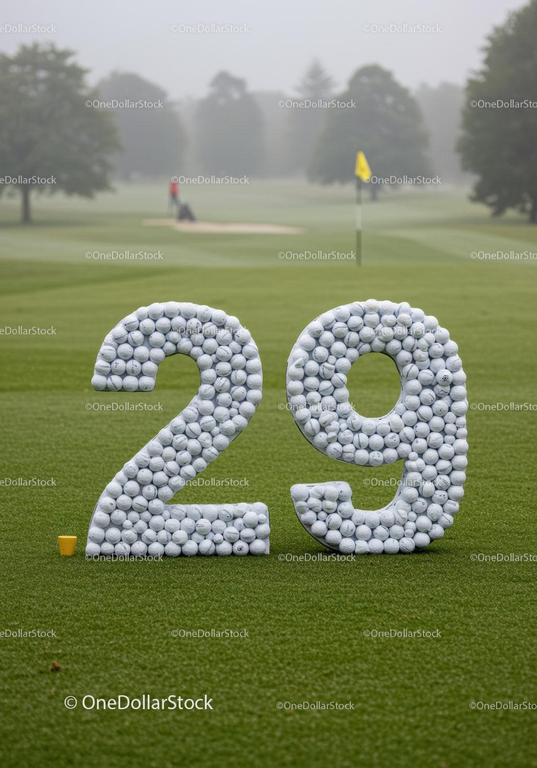 Number 29 made of golf balls on green golf course