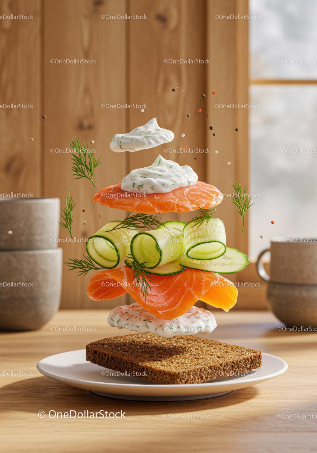 Fresh salmon sandwich with creamy dill sauce and cucumber