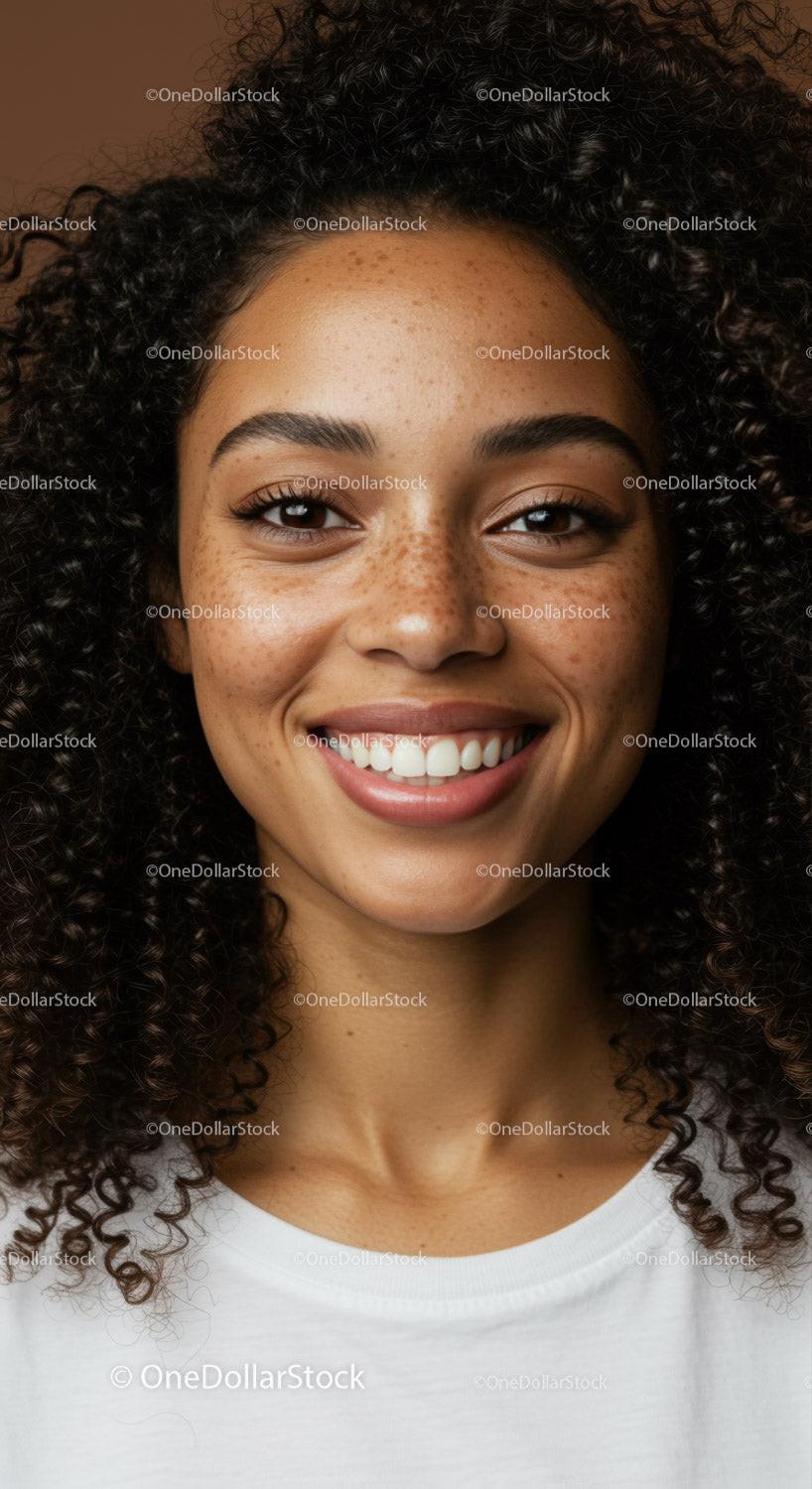 Close-Up of HappyYoung Woman with Curly Hair and Freckles