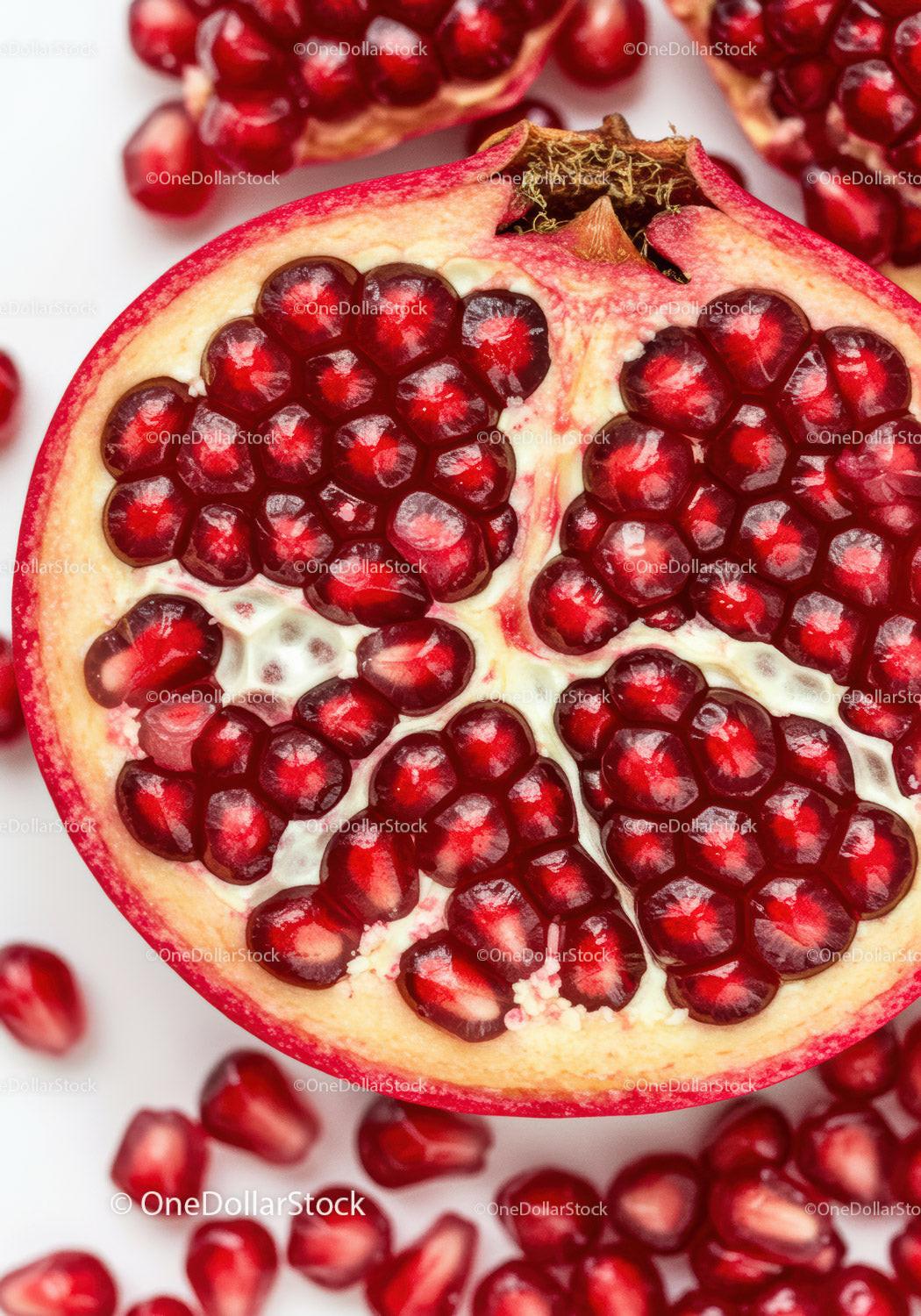 Close Up of Fresh Pomegranate Seeds in Half Fruit