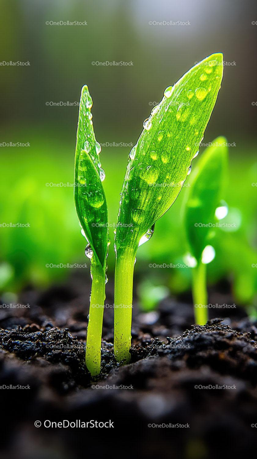 Fresh Green Seedling with Dew Drops in Natural Soil Landscape Stock Photo Bundle preview 21