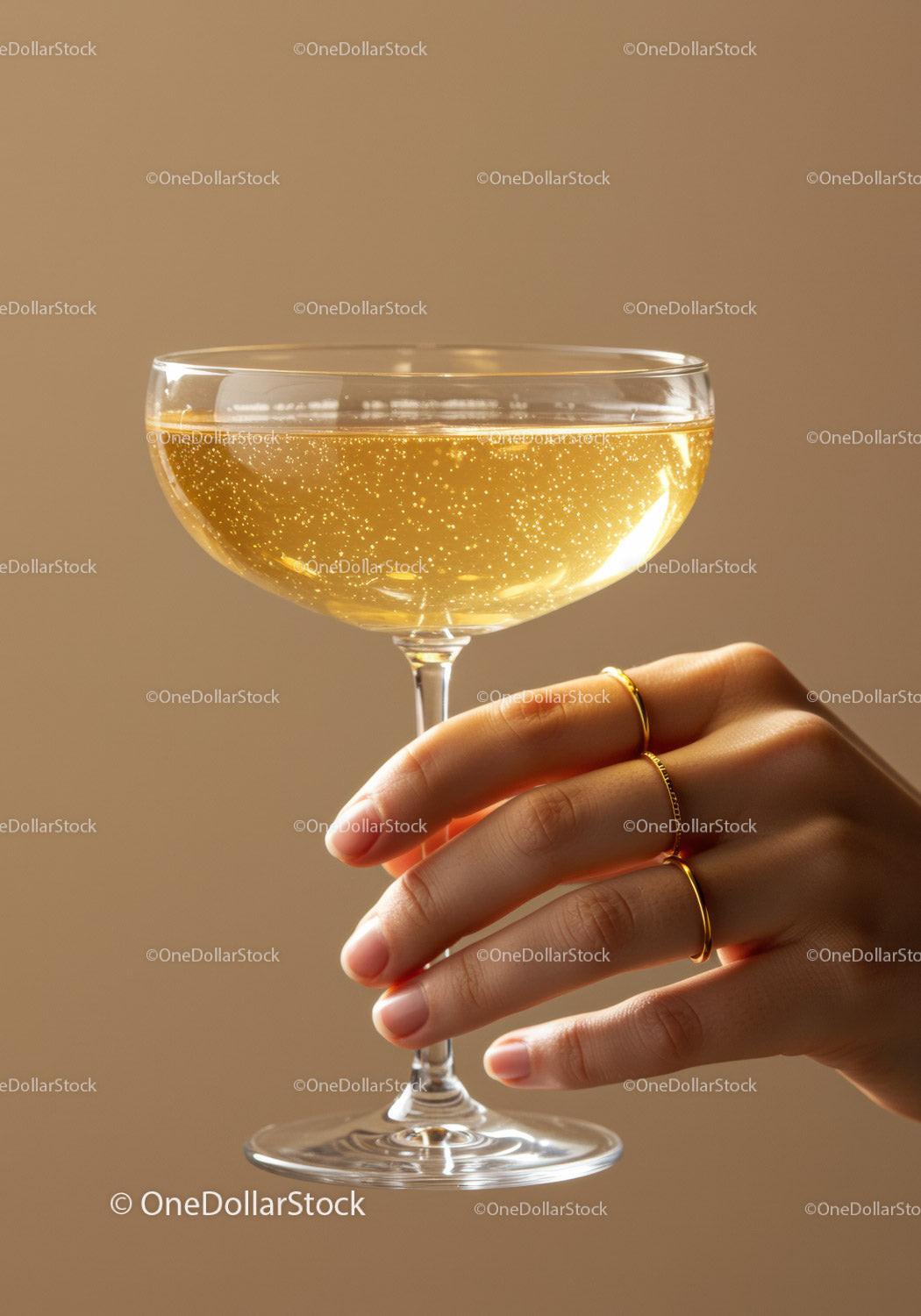 Close up of hand holding sparkling champagne glass