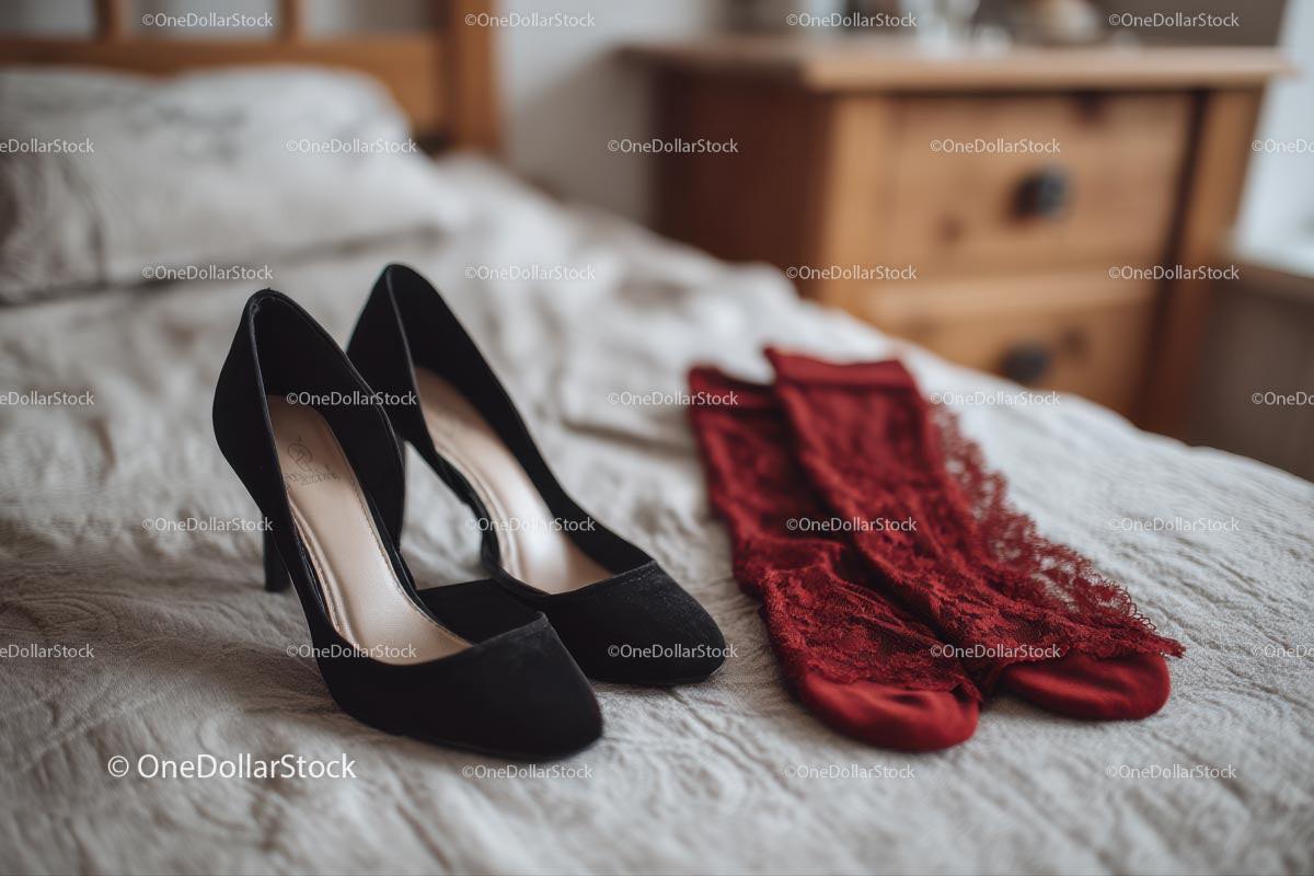 Chic Black Heels and a Red Lace Dress in a Cozy Bedroom Setting Stock Photo Bundle preview 8