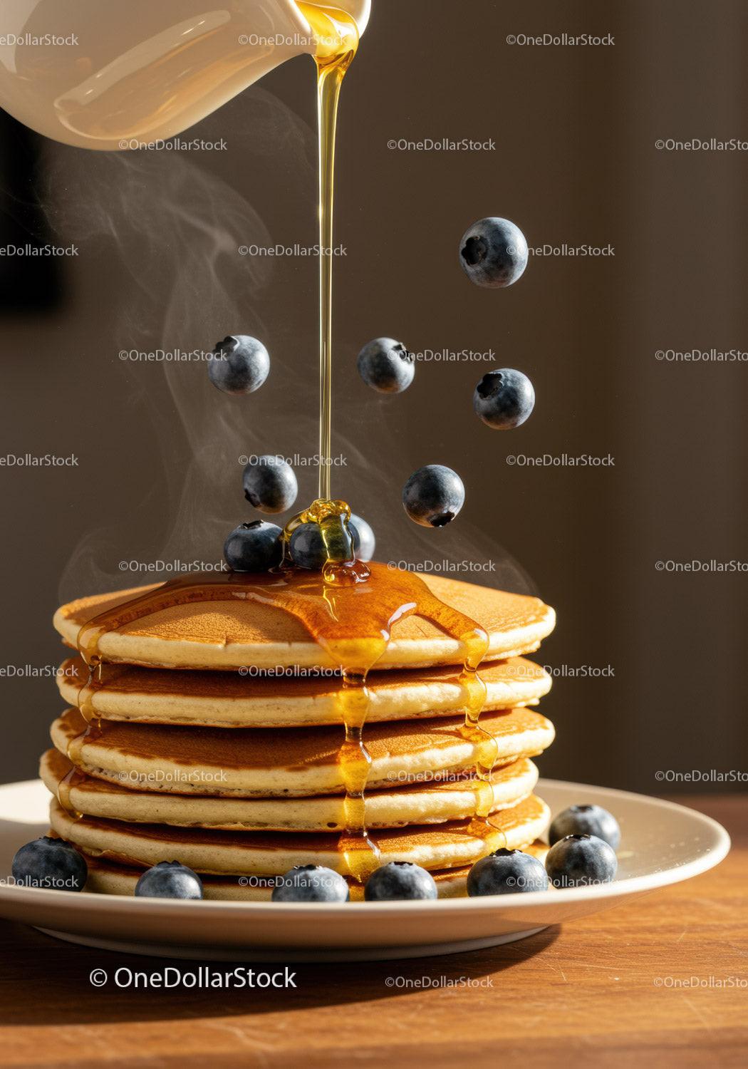 Stack of fluffy pancakes with blueberries and honey drizzle