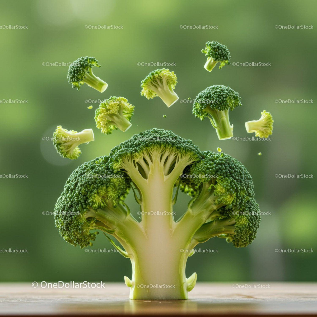 Fresh broccoli florets floating against green background