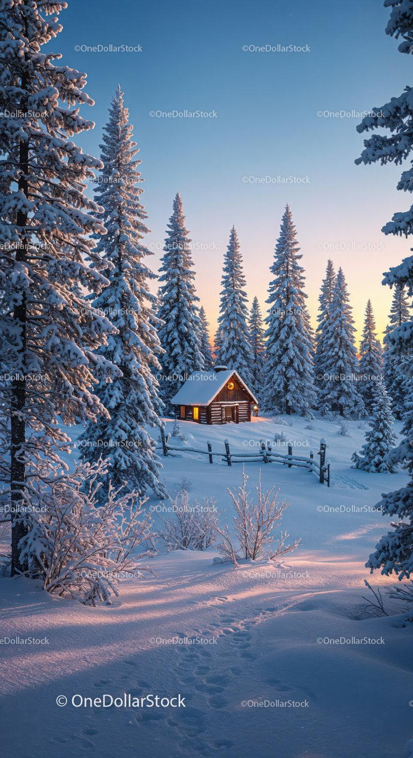 Cozy Cabin Surrounded by Snowy Pine Trees at Sunset