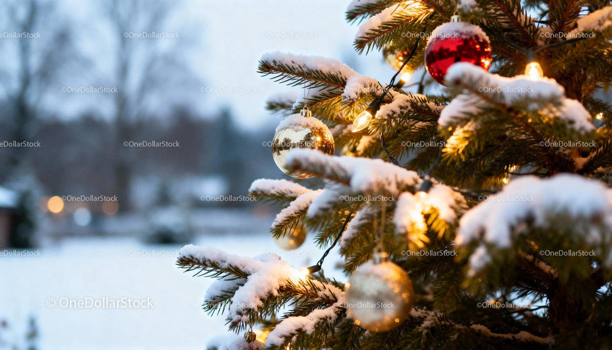 Snow-covered Christmas tree with glowing ornaments