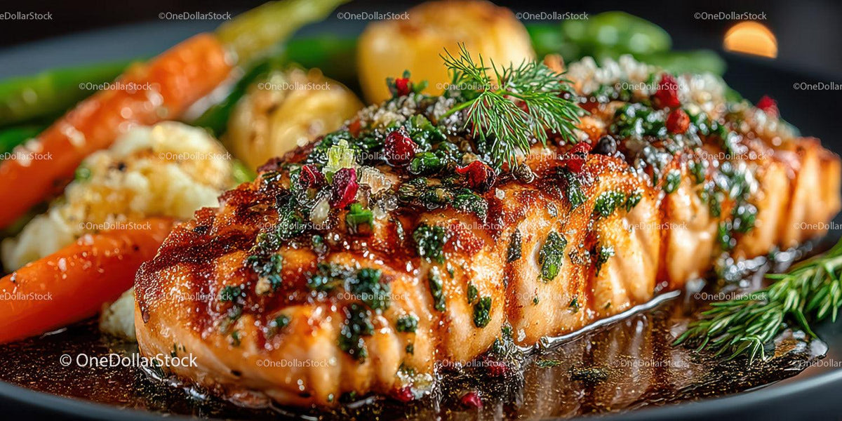 Gourmet Glazed Salmon Fillet with Vegetables and Herbs
