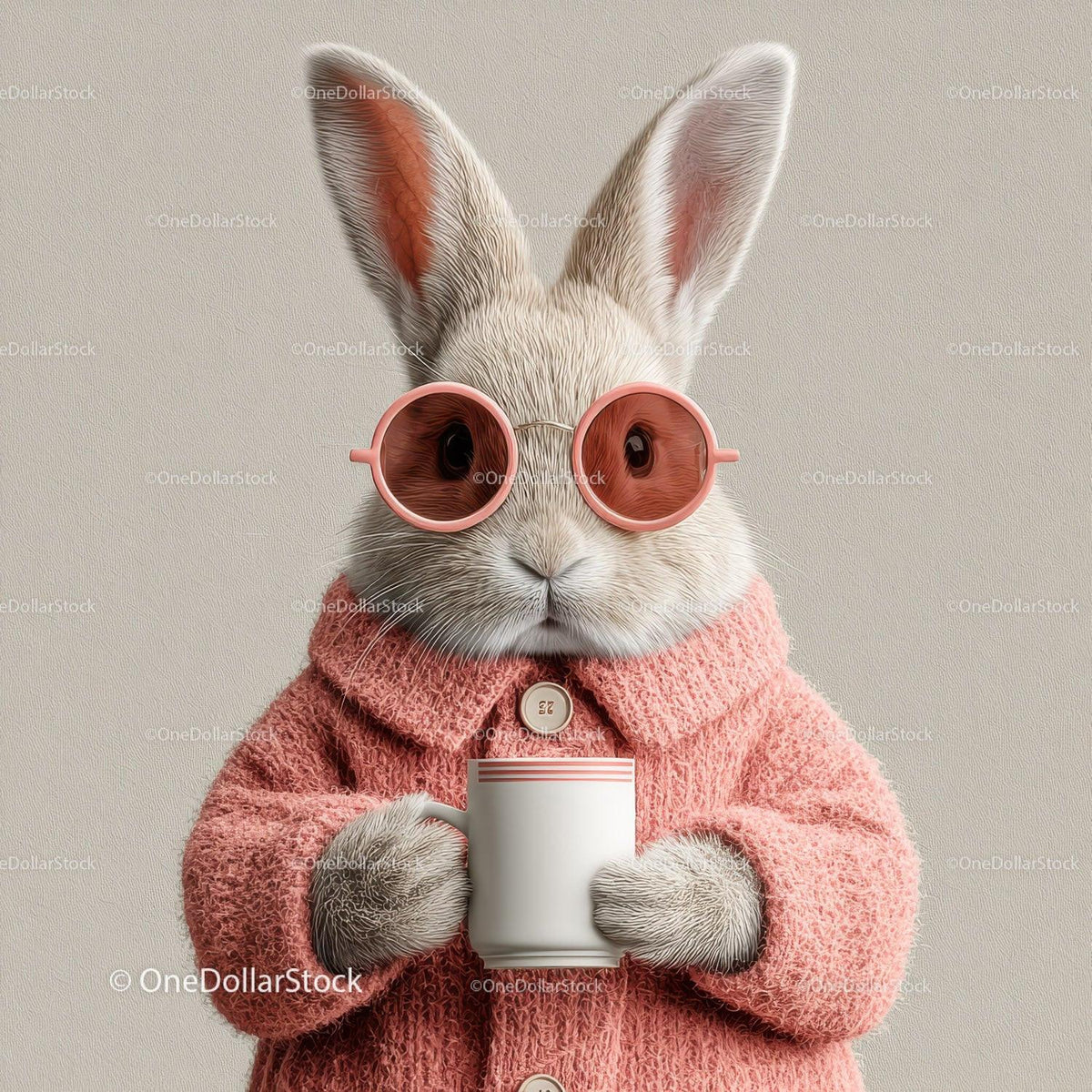 Cute Bunny Wearing Sunglasses and Cozy Pink Sweater Holding Coffee Mug Stock Photo Bundle preview 22
