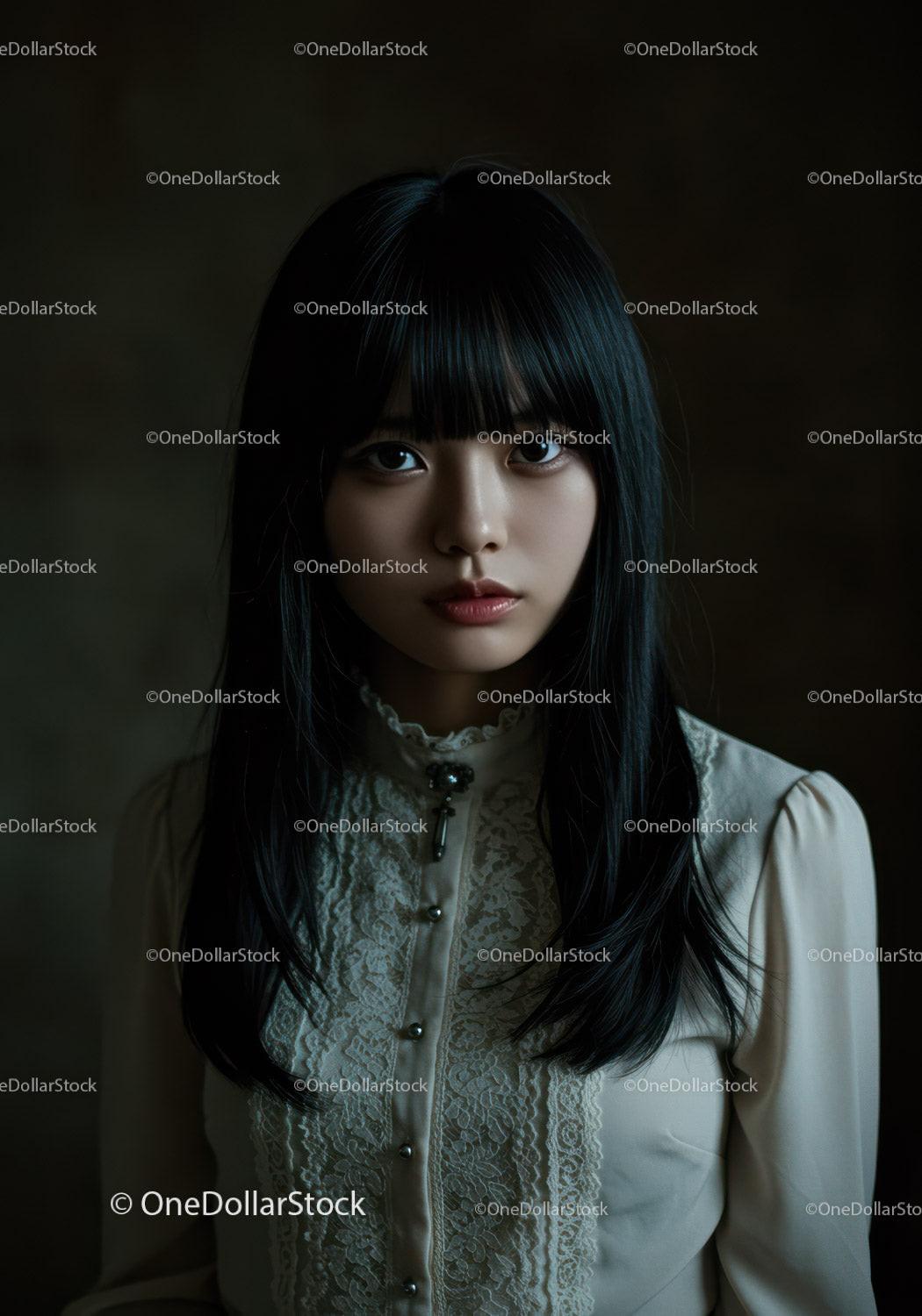Elegant Young Woman with Dark Hair and Intense Gaze