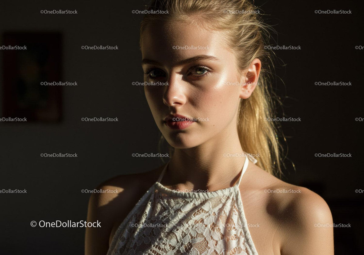 Young Woman with Blonde Hair in Lace Dress Under Natural Lighting