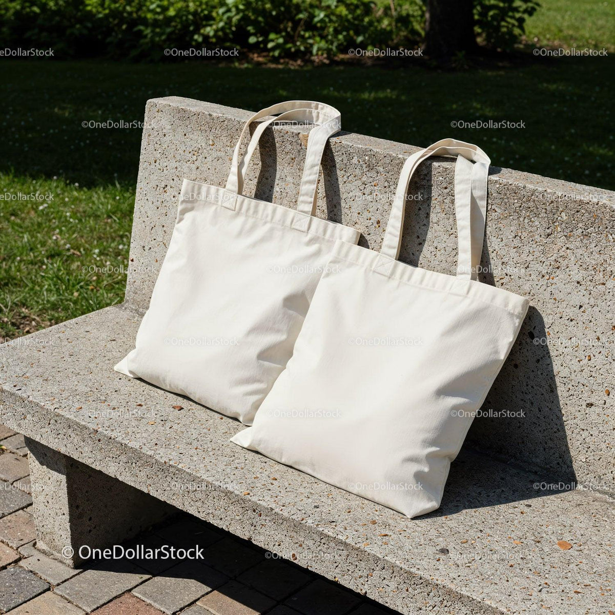 Two Plain Cotton Tote Bags Resting on Concrete Bench JPG Mockup Image preview
