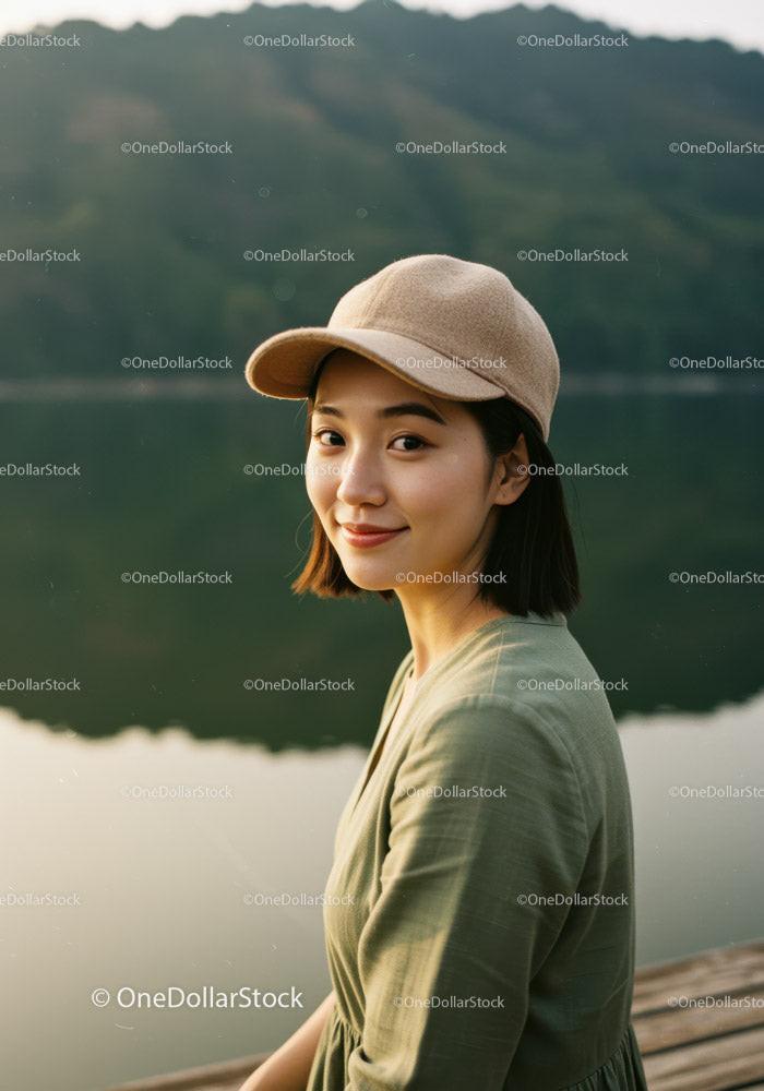 Young Woman Wearing Beige Cap Near Lake with Forest Backdrop