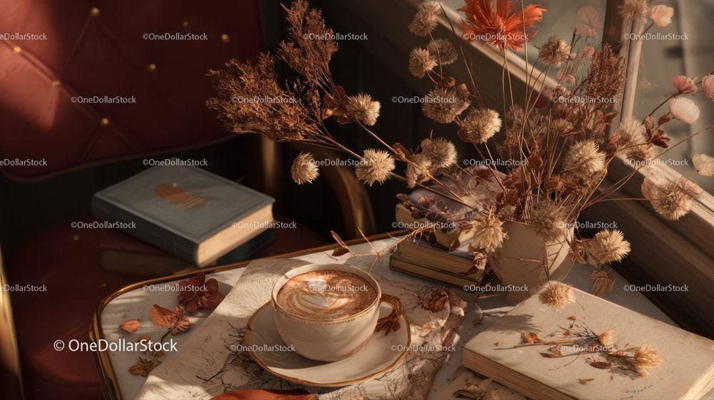 Dried Flowers in Amber Jar with Coffee and Open Book Stock Photo Bundle preview 16