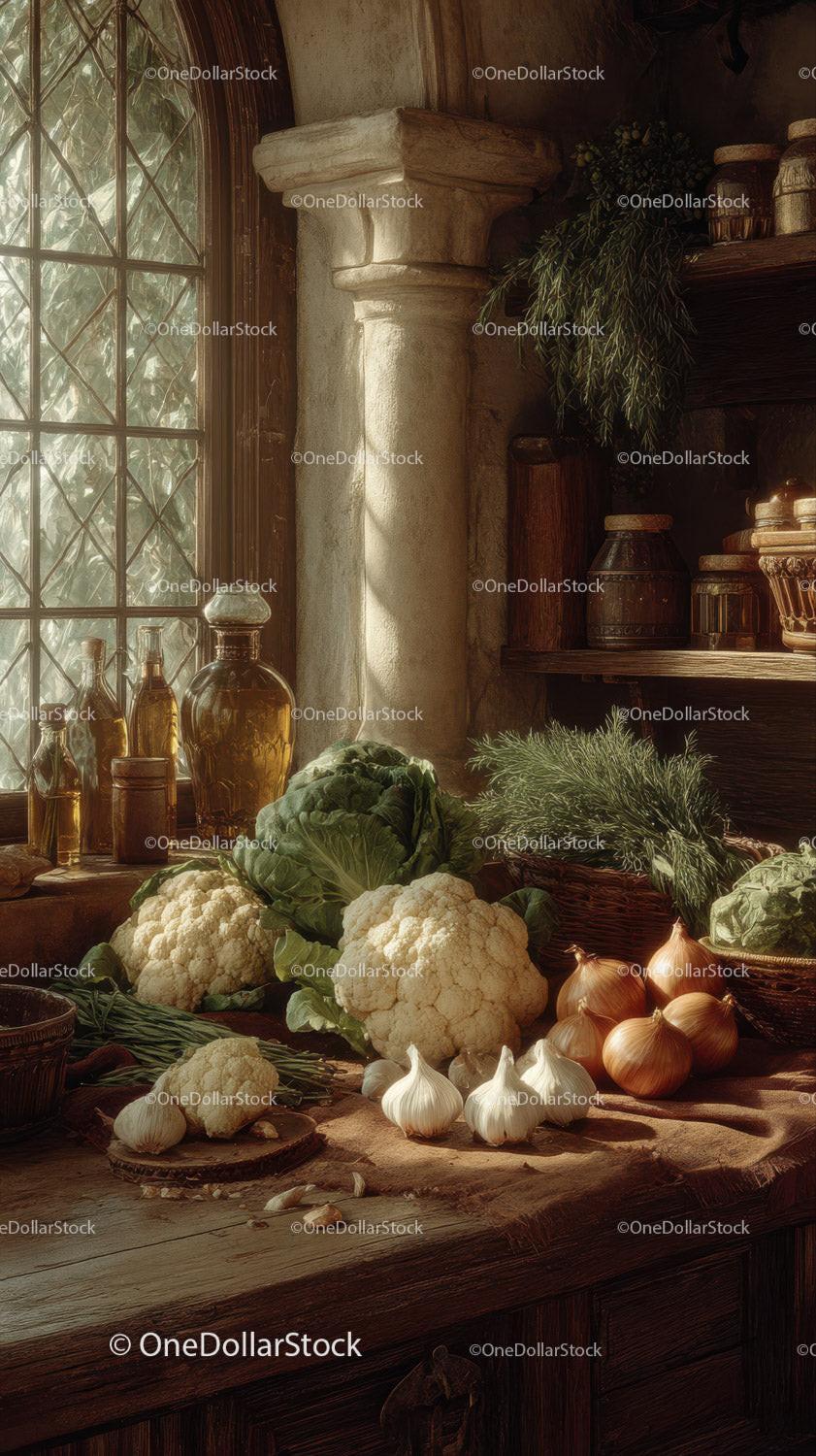 Rustic Kitchen with Fresh Cauliflower and Garlic on Wooden Table