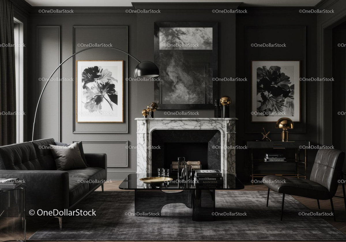 Elegant dark living room with marble fireplace and artwork