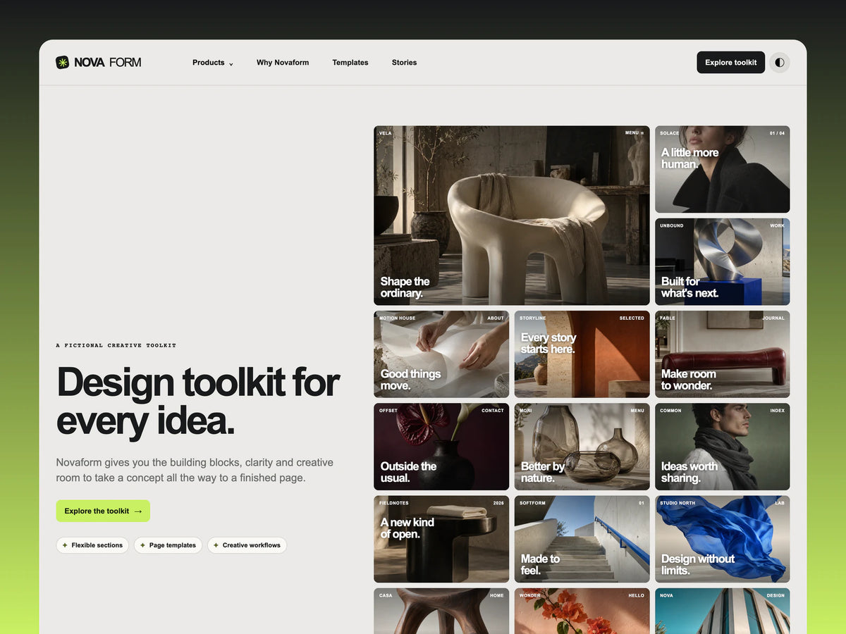 Novaform website template preview with split editorial hero and 18 individually photographed design cards