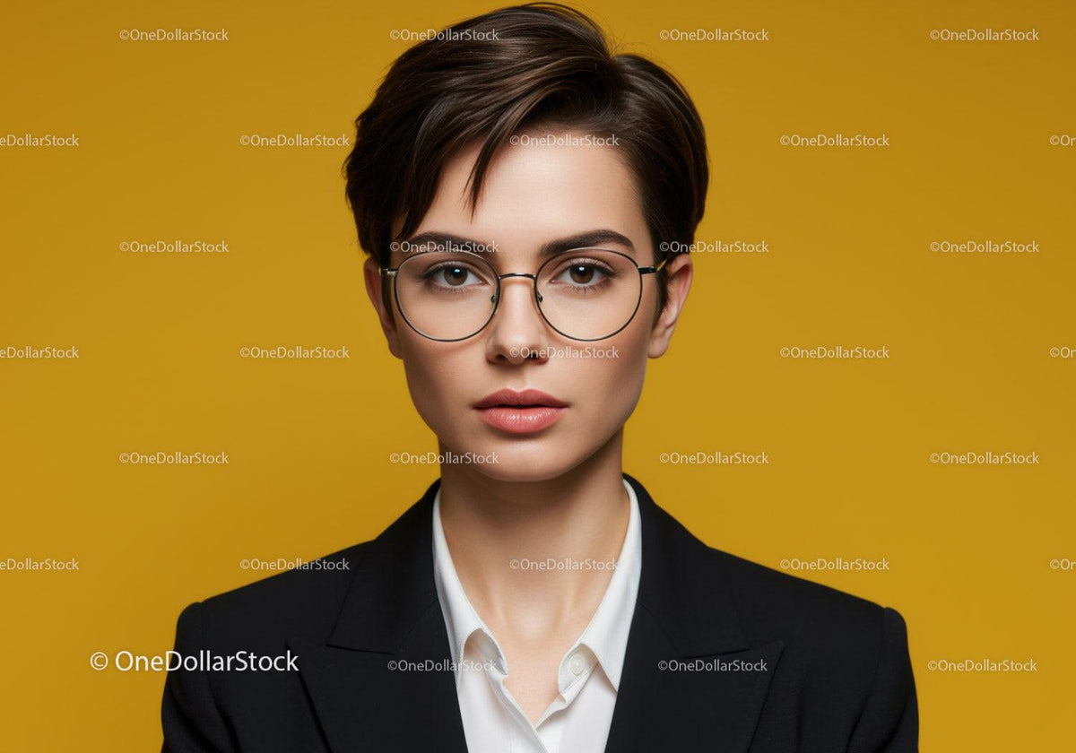 Confident Businesswoman with Short Hair and Glasses on Yellow Background