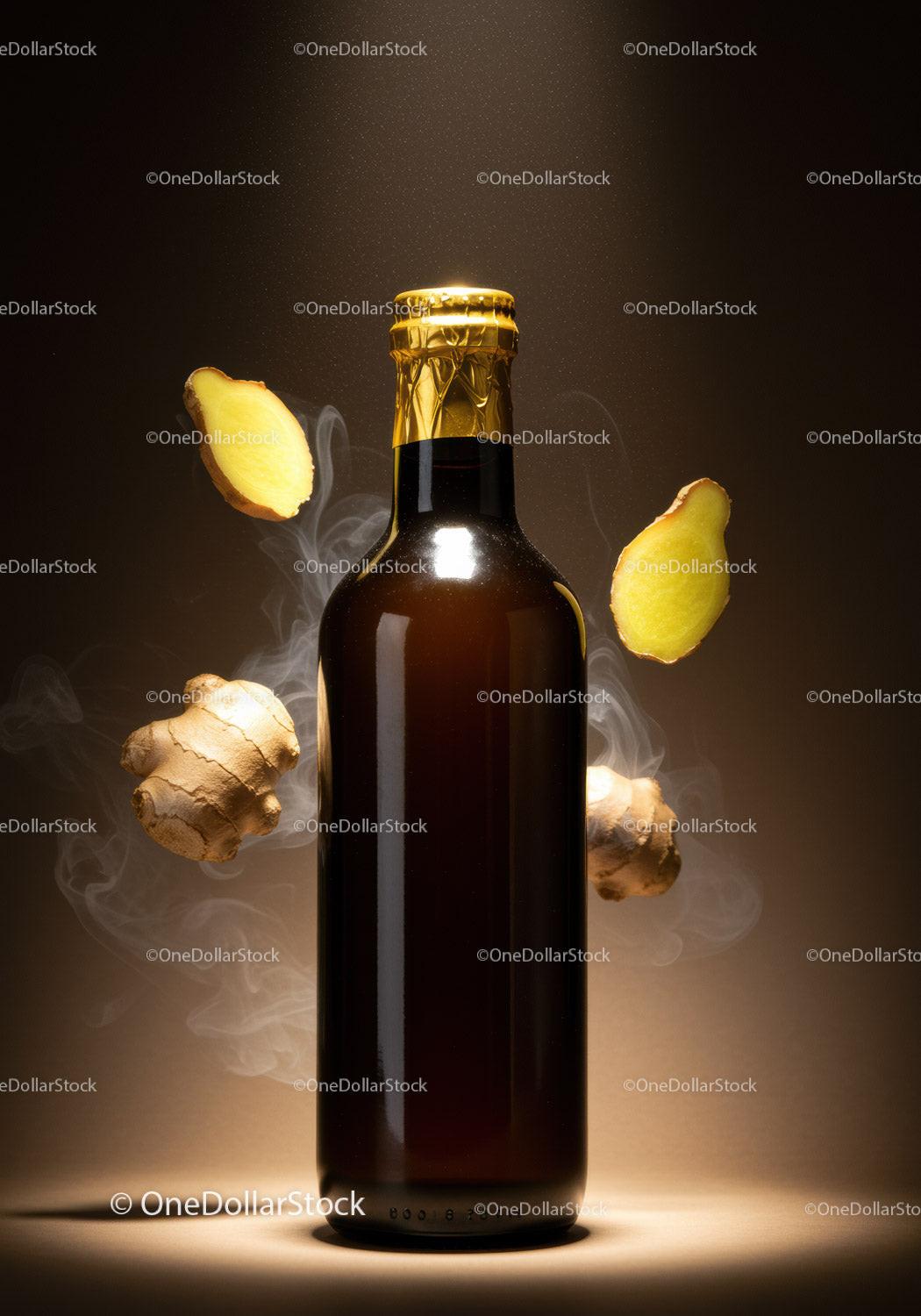 Dark Ginger Beer Bottle Surrounded by Fresh Ginger Roots