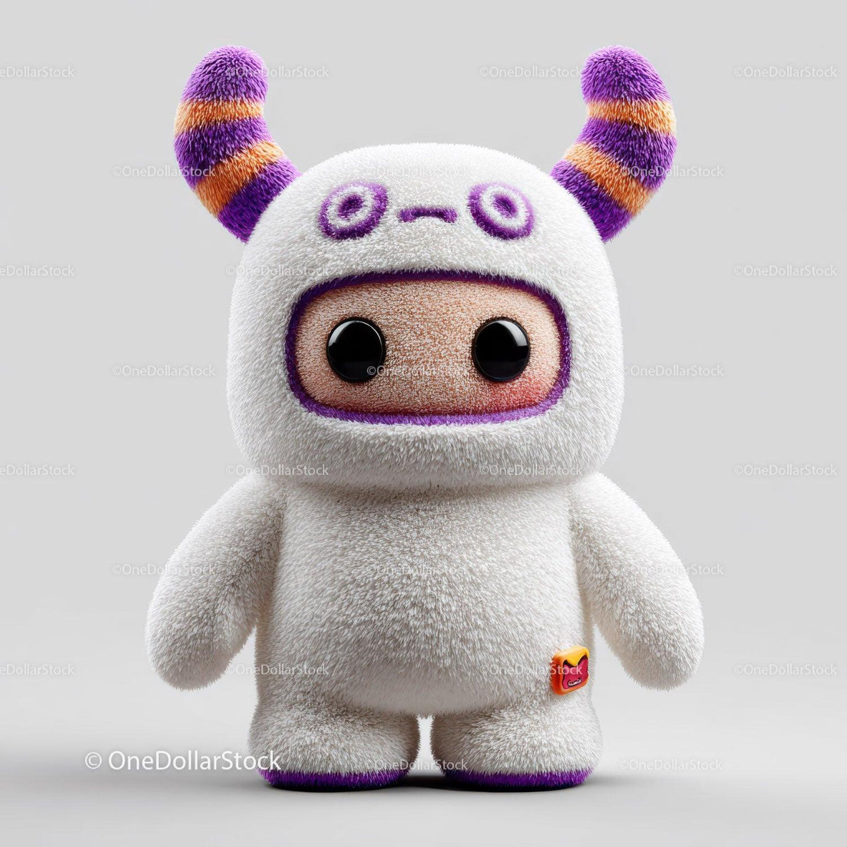 White plush toy with purple and orange striped horns and large black eyes