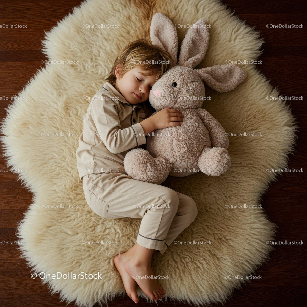 Sleeping child cuddling soft plush bunny toy on rug