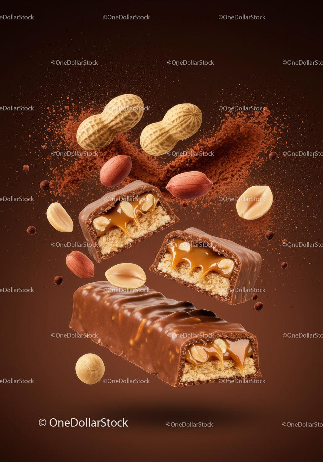Chocolate caramel nougat peanut candy bar closeup