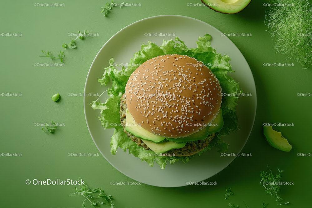 Delicious Avocado Hamburger with Fresh Lettuce on Vibrant Green Plate