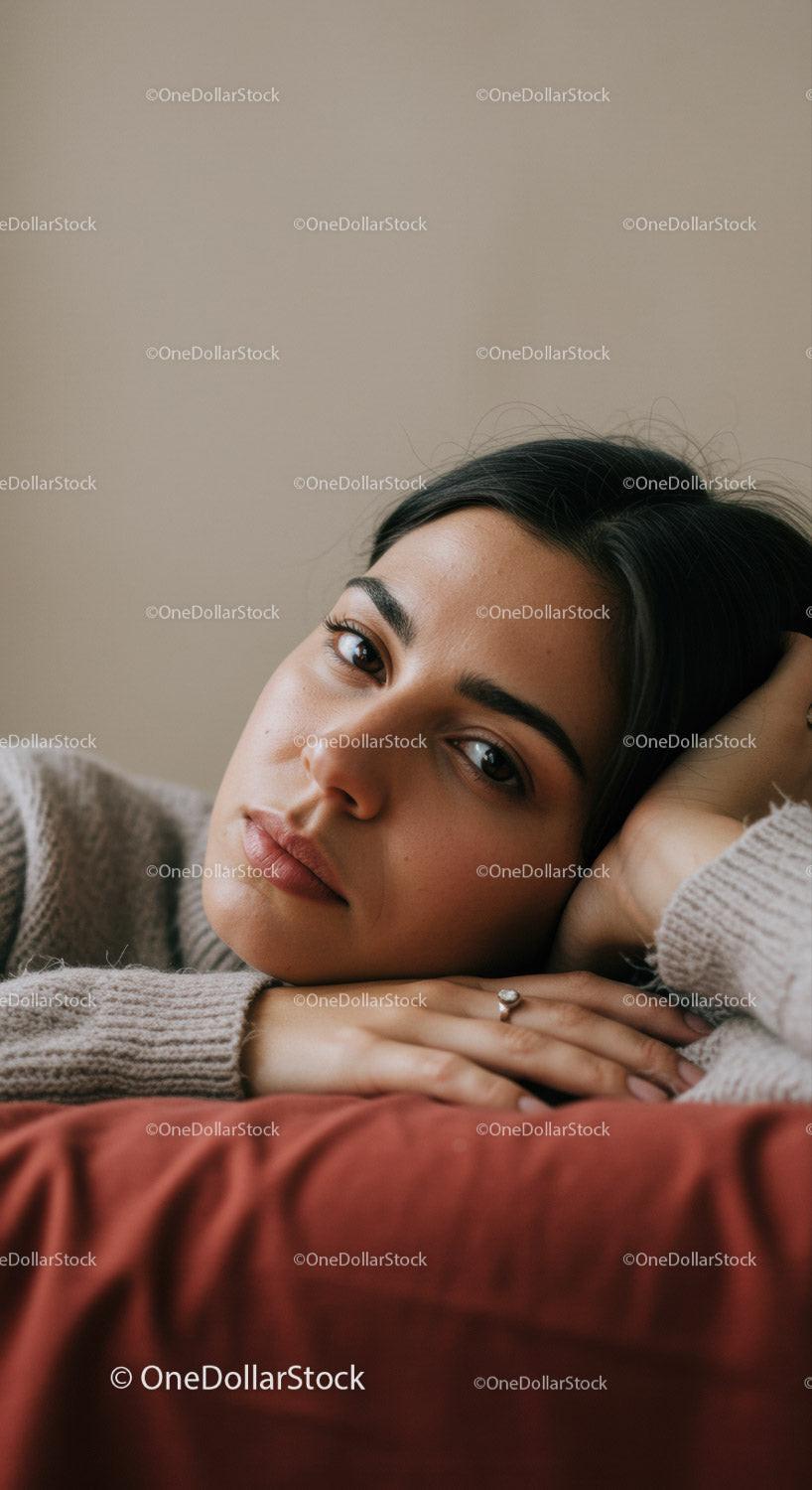 Young Woman with Relaxed Pose in Cozy Indoor Setting