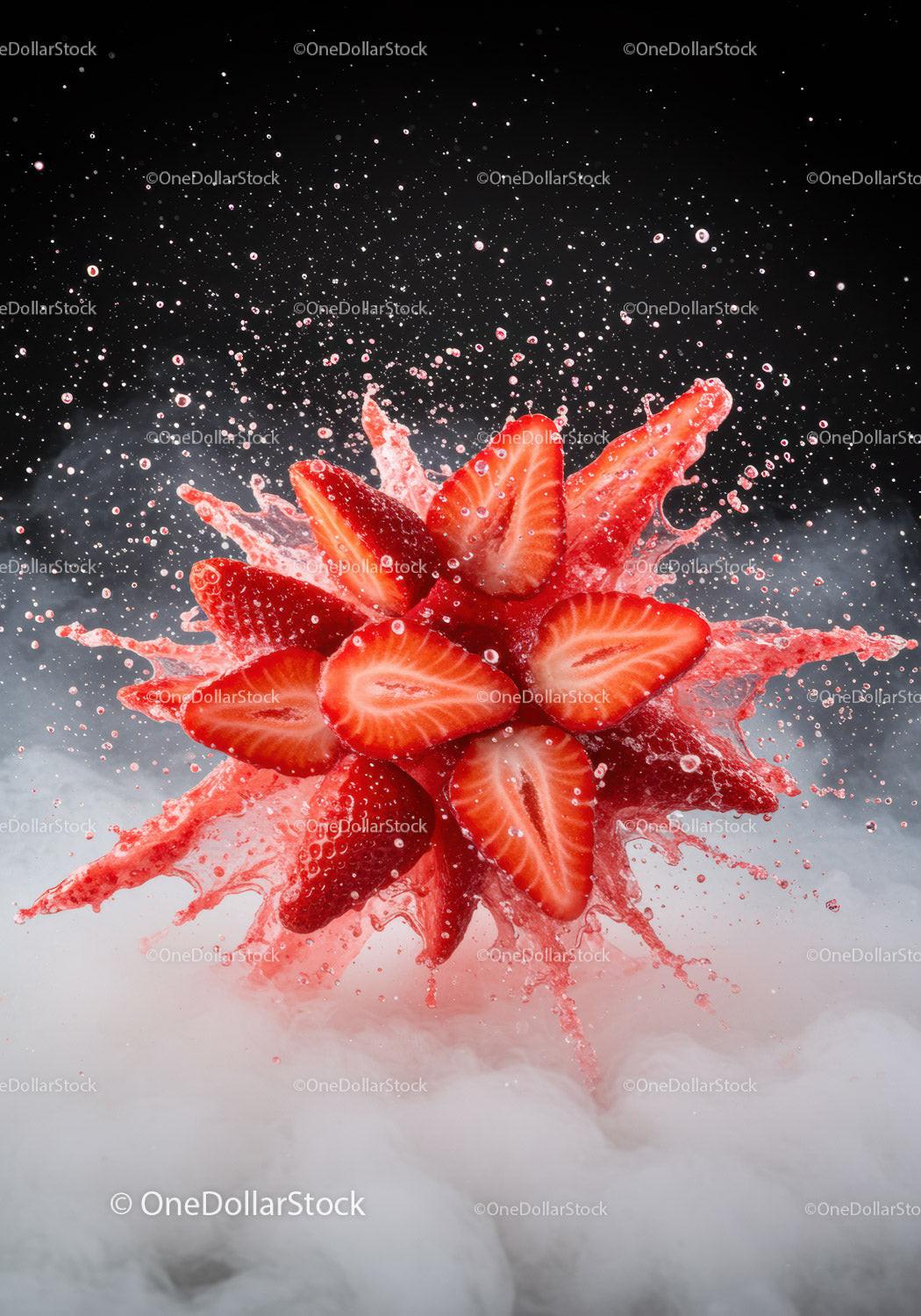Fresh Strawberries Splashing Into Water with Mist