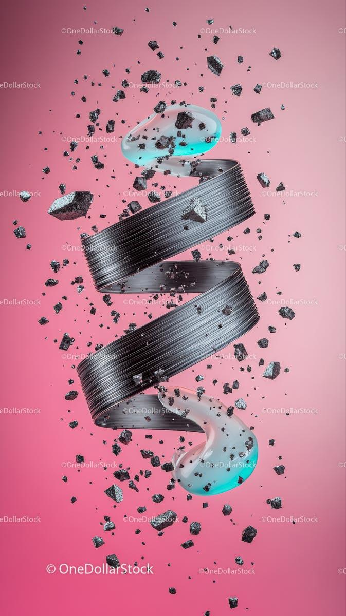 Dynamic Metallic Spiral with Floating Rocks in Pink Background