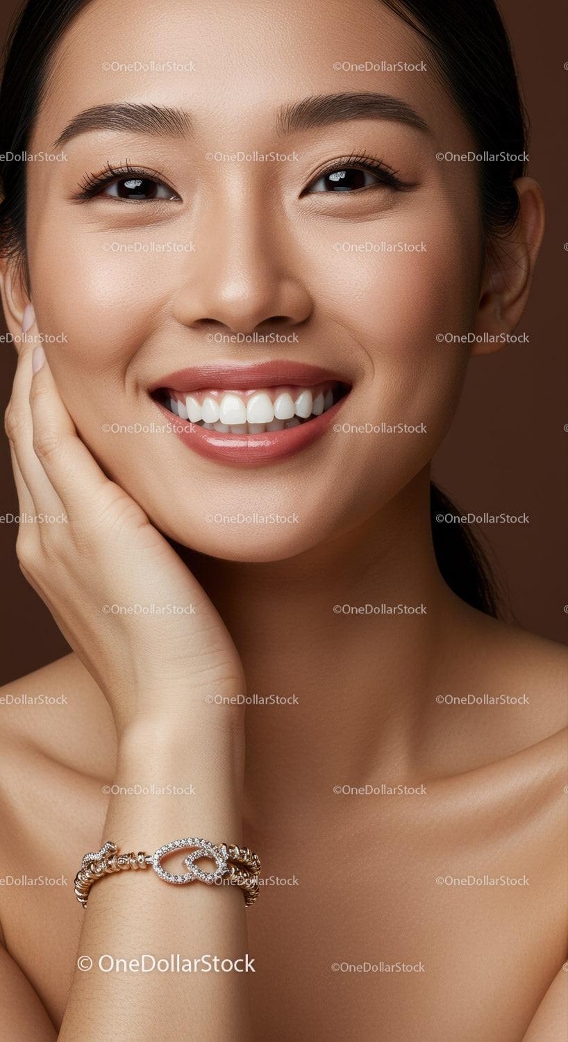 Closeup of smiling woman with radiant skin and bracelet