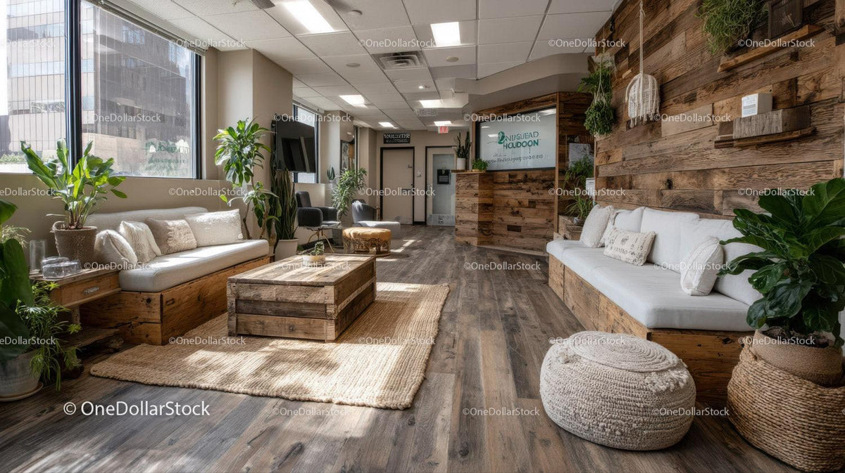 Modern Office Lounge with Indoor Plants and Wooden Accents