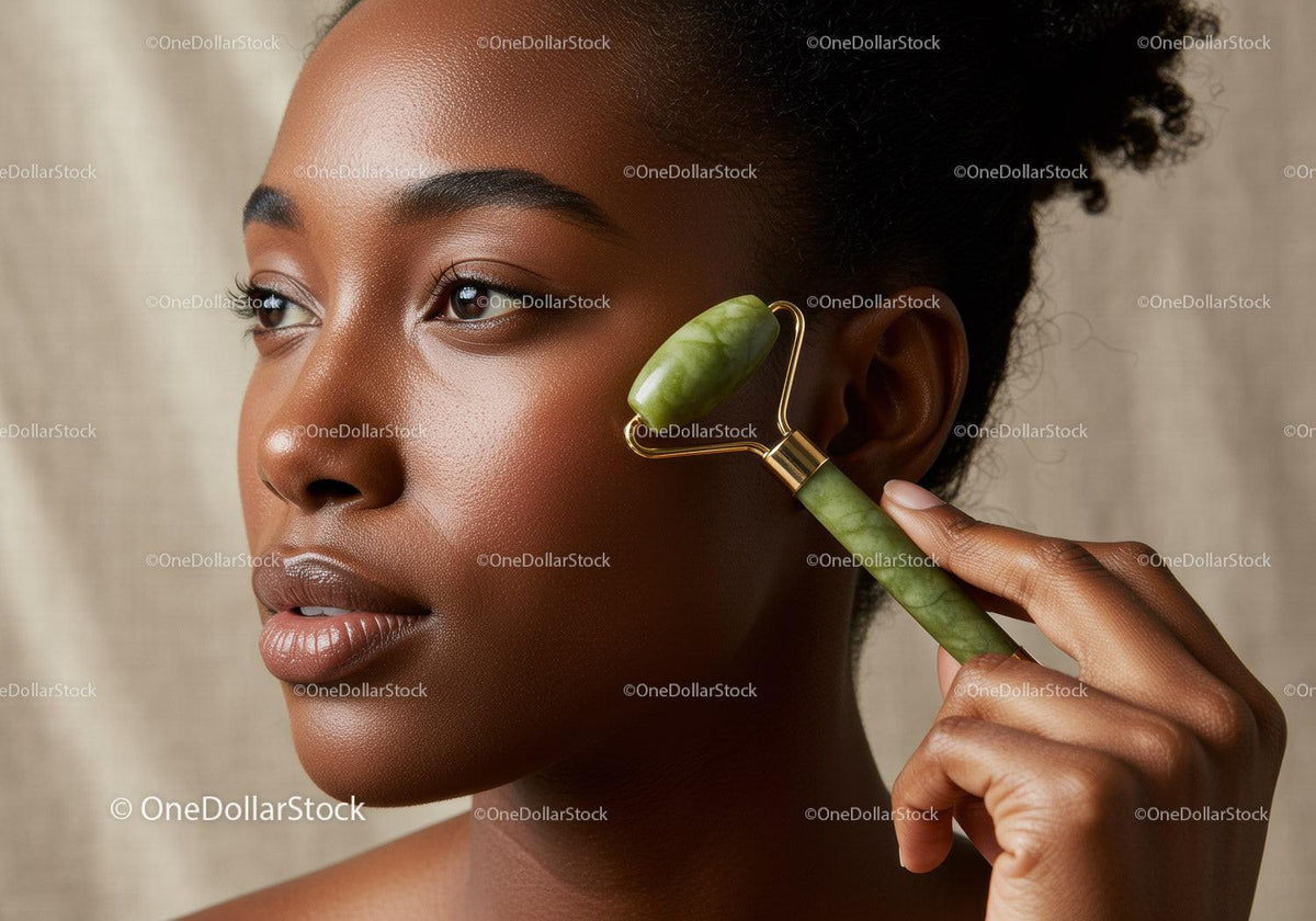 Elegant African Woman Using Jade Roller for Skincare Facial Massage